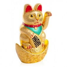 Кошка Манеко-Неко Золотая на Слитке 14 см.